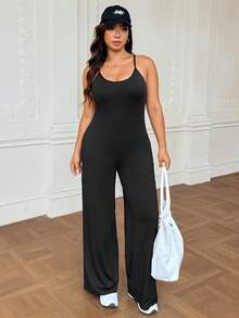 SHEIN Sports Plus Size Women Casual Sleeveless Jumpsuit None, Gym Black Summer - Black - View 3
