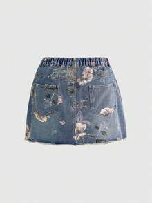 ROMWE Fairycore Summer Outfits Vintage Floral Print Washed Plus Size Women Denim Mini Skirt - Blue - View 2