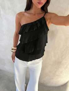 Nueva blusa elegante y romántica de primavera/verano para citas, Día de San Valentín, temporada de bodas, de gasa rosa con un hombro, espalda descubierta y volantes en capas, blusa sexy con volantes para la playa, camisa rosa elegante y romántica para bodas - Negro - Ver 3