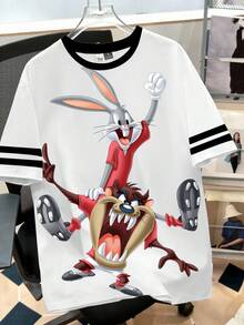 LOONEY TUNES X SHEIN Manfinity Joysei 男士卡通条纹印花圆领休闲短袖T恤 - 白色 - 查看 1