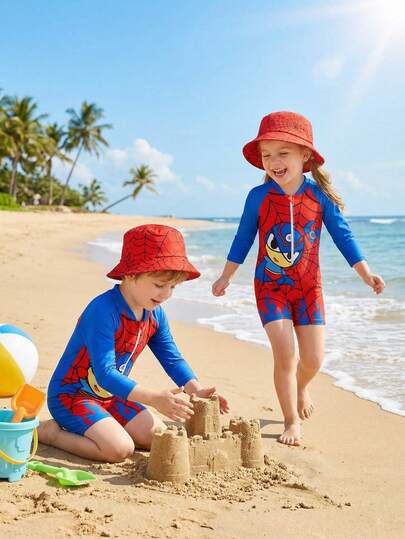 Áo tắm liền thân dài tay in hình mạng nhện và hoạt hình cho bé trai, thích hợp cho kỳ nghỉ hè.