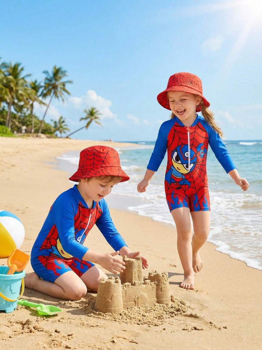 Áo tắm liền thân dài tay in hình mạng nhện và hoạt hình cho bé trai, thích hợp cho kỳ nghỉ hè. - Nhiều màu - Xem 1
