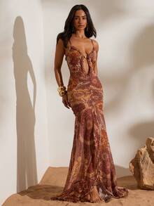 Opulessa Spring & Summer Vacation Knit Mesh Printed Maxi Slip Dress For Women - Brown - View 4