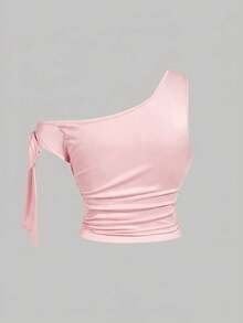 SHEIN MOD Plus Size Printed Metal Buckle Bowknot Shoulder Top - Pink - View 6