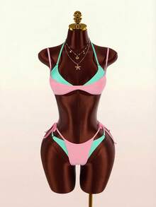 Amplova 女士泳装套装，两件套，品红色和黄色撞色设计，性感前卫，适合海滩度假 - 彩色 - 查看 1