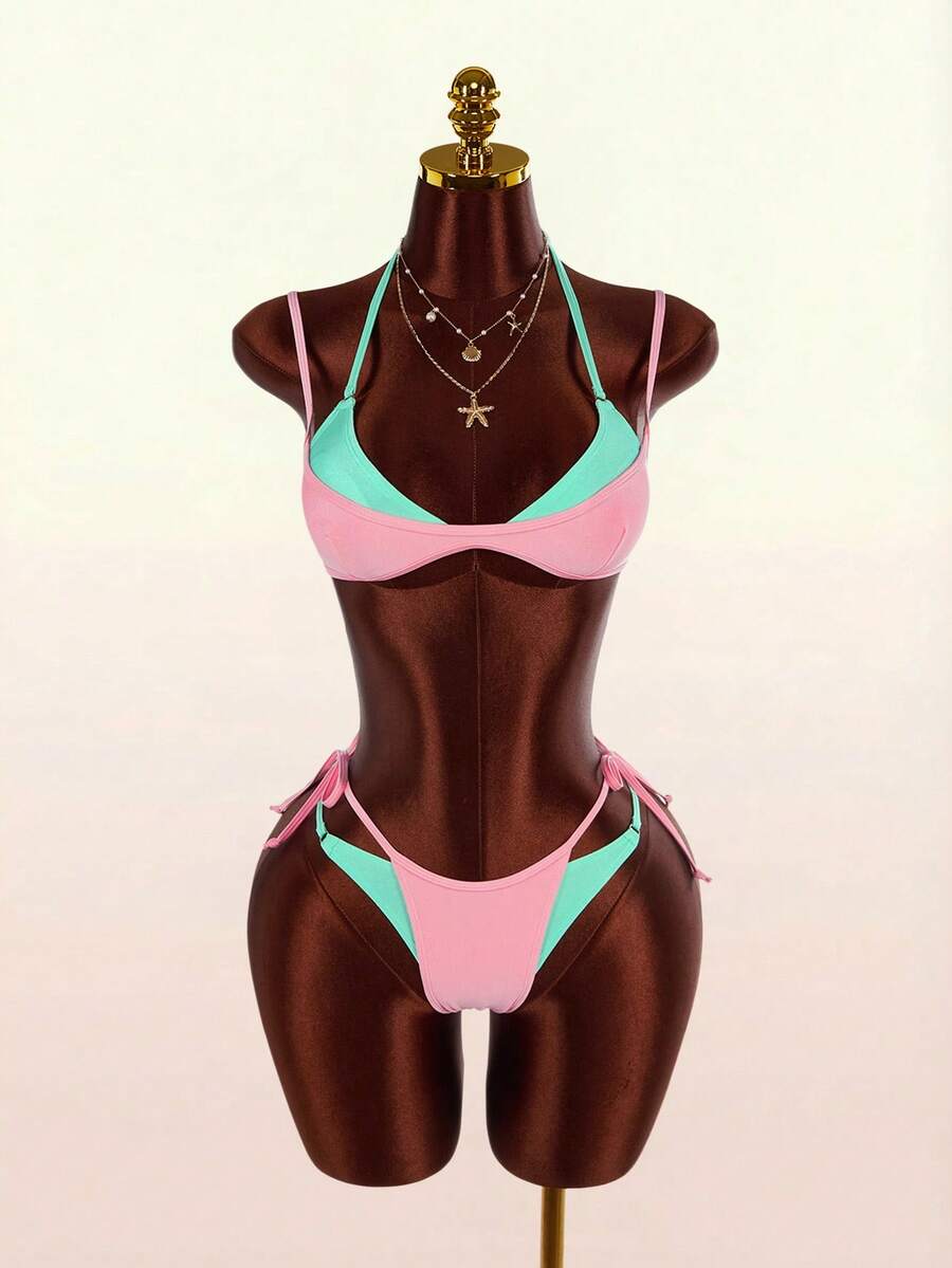 Amplova 女士泳装套装，两件套，品红色和黄色撞色设计，性感前卫，适合海滩度假 - 彩色 - 查看 1