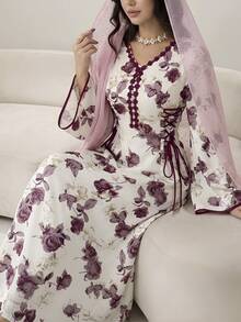 Women's Floral Print V-Neck Waist Tie Arabic Style Dress - Multicolor - View 2