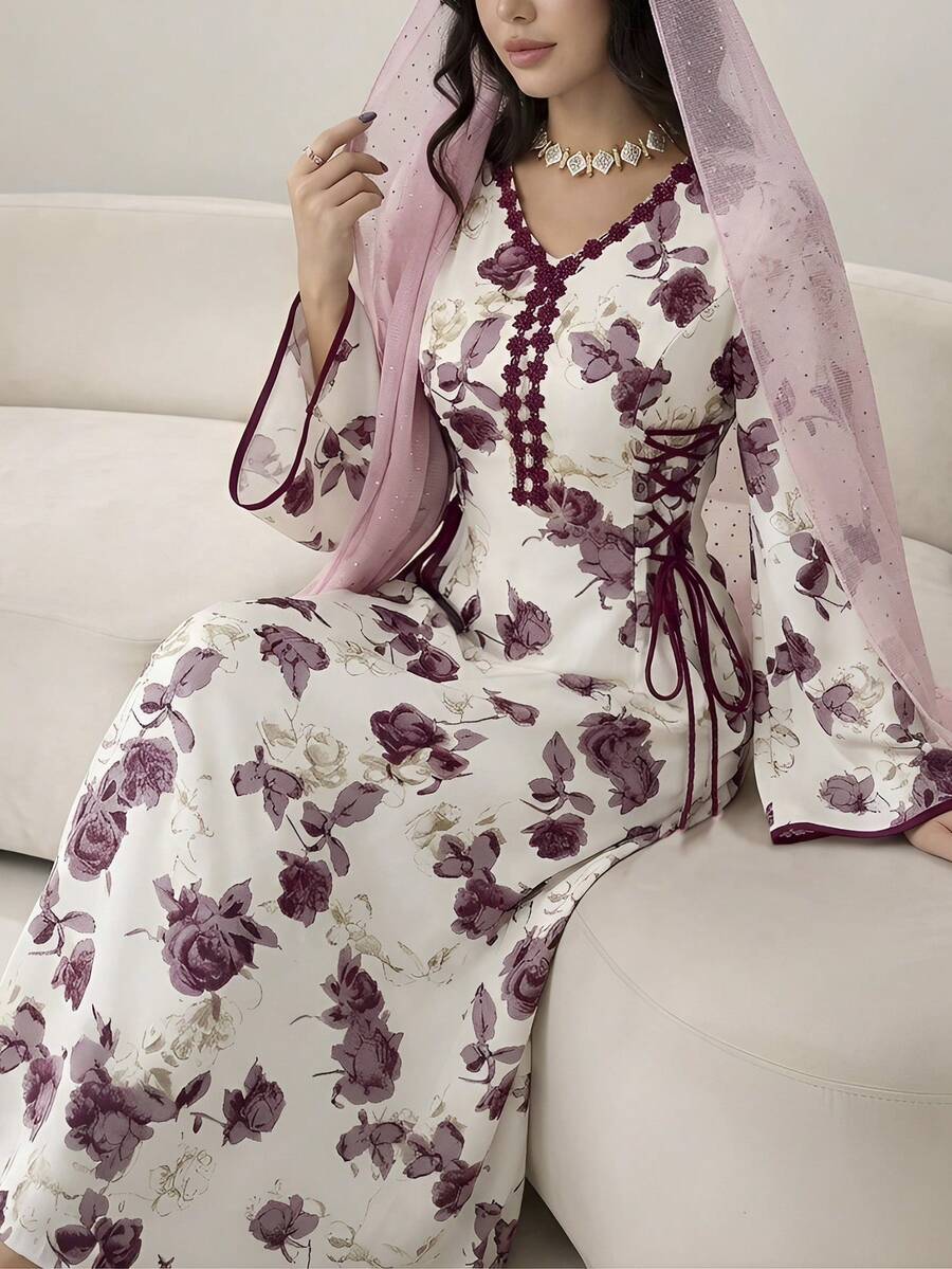 Women's Floral Print V-Neck Waist Tie Arabic Style Dress