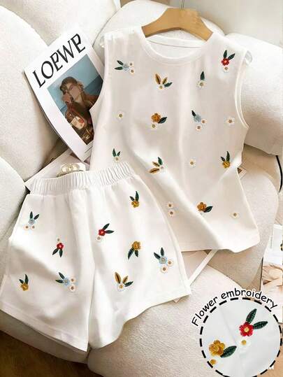 Resyla Conjunto de 2 piezas de chaleco y pantalones cortos casuales con bordado floral, nuevo para el verano para mujeres