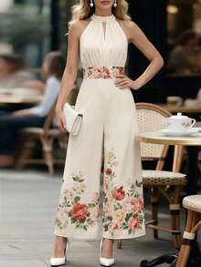 Selianne Mono elegante y de moda para mujer con cuello halter sin mangas, cintura hueca y estampado floral de rosa, adecuado para ir a trabajar, salir, citas, viajes, fotografía, mono blanco largo y versátil - Albaricoque - Ver 5