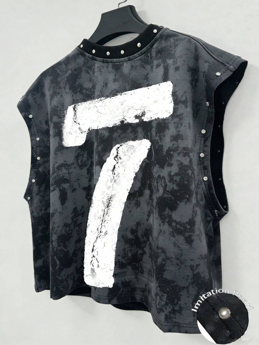 Chillumni Áo tank top nam mùa hè kiểu dáng thường ngày, in số và nhuộm tie-dye, đính hạt. - màu đen - Xem 1
