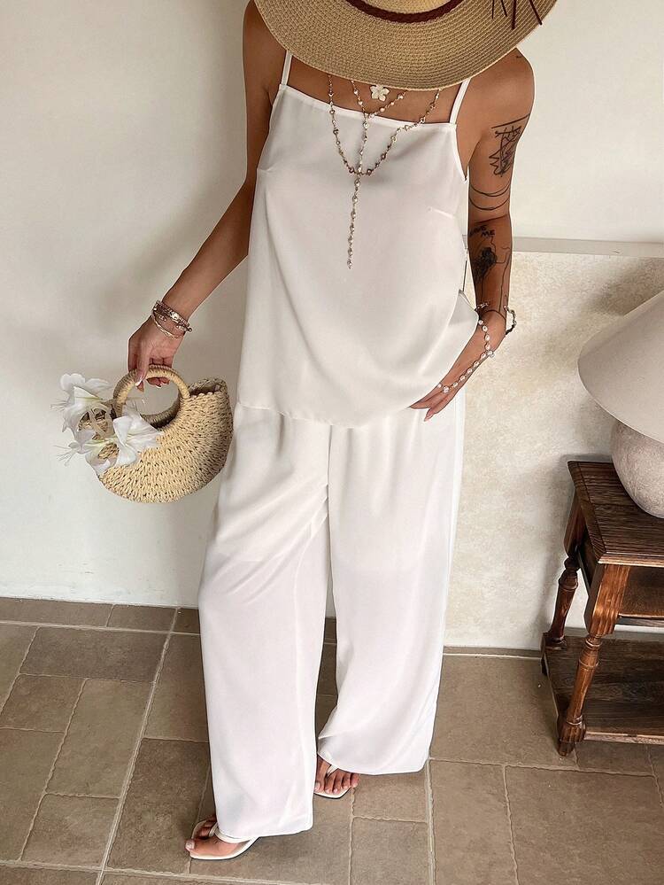 Women's Loose Flowy White Camisole Maxi Dress, Vacation Beach Commute Casual 2 Pieces Set, Spring & Summer