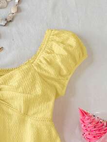 Serisse Kids Áo sơ mi ngắn tay kẻ caro dệt kim thời trang, thanh lịch dành cho bé gái tuổi teen - Màu vàng - Xem 3