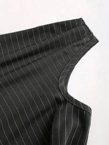 SHEIN Sweetro Áo kiểu nữ dáng ôm thanh lịch, cổ lệch, thắt eo, kẻ sọc, thích hợp cho mùa xuân/hè, màu xám. - màu đen - Xem 4