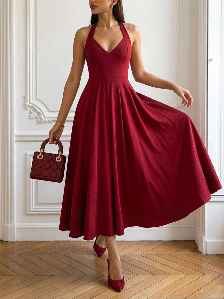 SHEIN Clasi Women's Vintage Elegant Burgundy V-Neck A-Line Dress, Summer Waist Gathered Party Dinner Date Banquet Bridesmaid Gown For Wedding, Spring Autumn - Burgundy - View 1