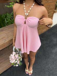 Sunnyshic 女士纹理面料露背吊带连体衣，时尚夏季 - 淺粉色 - 查看 4
