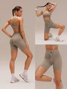 GLOWMODE 6" Powersculpt™ High Energy High-Rise Drawstring Waist Side Pockets Reflective Anti-Slip X Training Running Workout Gym Daily Active Wear - Khaki - View 8