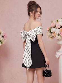SHEIN Pitira Kids Teen Girls Black Polka Dot Off-Shoulder Knit Dress,Elegant Party Wedding Summer Cocktail Evening Princess Dress With Oversized Bow For Women - Black and White - View 4