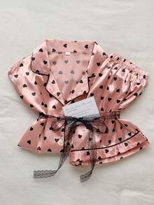 Comfortcana Women Pajama Sets Kantong Contrast Binding Tombol Depan Hati All Over Print Sederhana - Dusty Pink - View 5