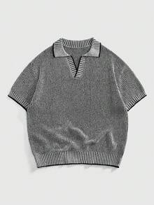 ROMWE MEN Street Life Men's Casual Polo Collar Contrast Trim Short Sleeve Knit Top, Summer - White - View 8