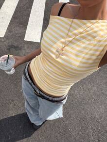 Muchica Top de punto de un hombro con rayas amarillas para mujer - Amarillo - Ver 3