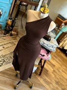 Vestido de mujer de unicolor sin mangas con abertura asimétrica en el hombro - Negro - Ver 5