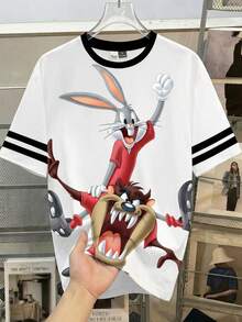 LOONEY TUNES X SHEIN Manfinity Joysei 男士卡通条纹印花圆领休闲短袖T恤 - 白色 - 查看 6