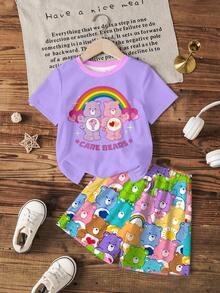 SHEIN X Care Bears Bộ đồ thường ngày cho bé gái gồm áo thun ngắn tay cổ tròn in chữ và hình gấu, kết hợp với quần short. - trắng - Xem 1