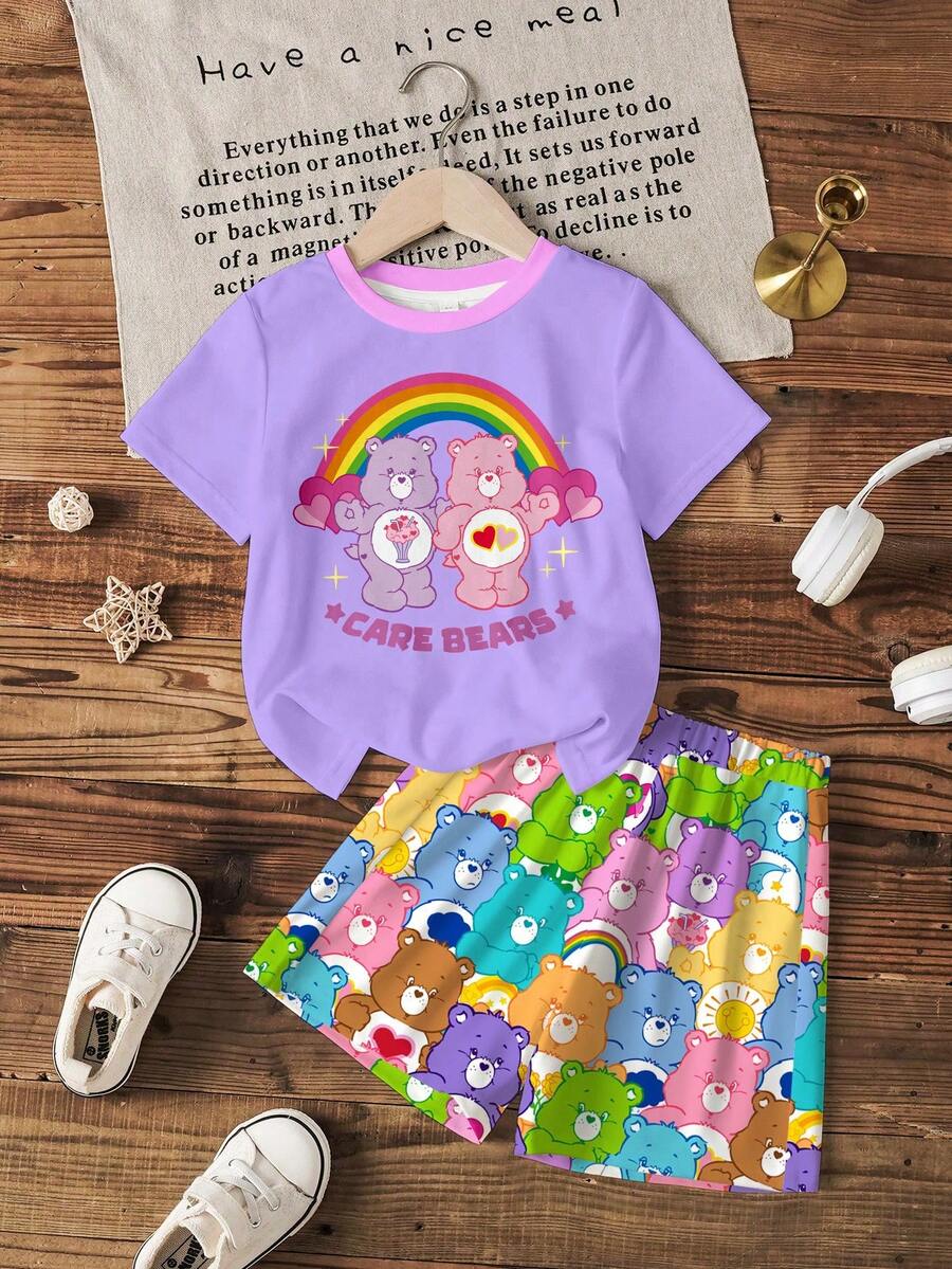 SHEIN X Care Bears Bộ đồ thường ngày cho bé gái gồm áo thun ngắn tay cổ tròn in chữ và hình gấu, kết hợp với quần short. - trắng - Xem 1