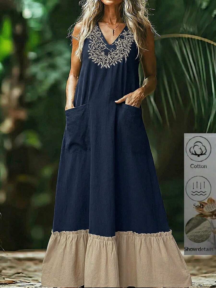 SHEIN LUNE V领刺绣拼接荷叶边连衣裙,春夏休闲度假装 - 彩色 - 查看 1