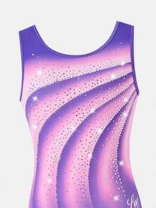 SHEIN 少女扎染渐变粉色连体衣，贴身高弹力舞蹈芭蕾舞紧身衣，镶钻闪亮无袖背心，优雅运动服 - 紫色 - 查看 4