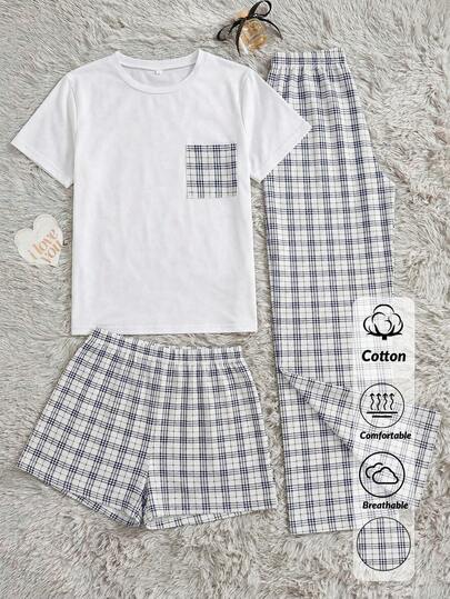 SHEIN Dambomull 3 st. vit rund hals med rutig fickdetalj kortärmad skjorta och rutmönster shorts och långbyxor hemplagg bekvämt casual pyjamasset