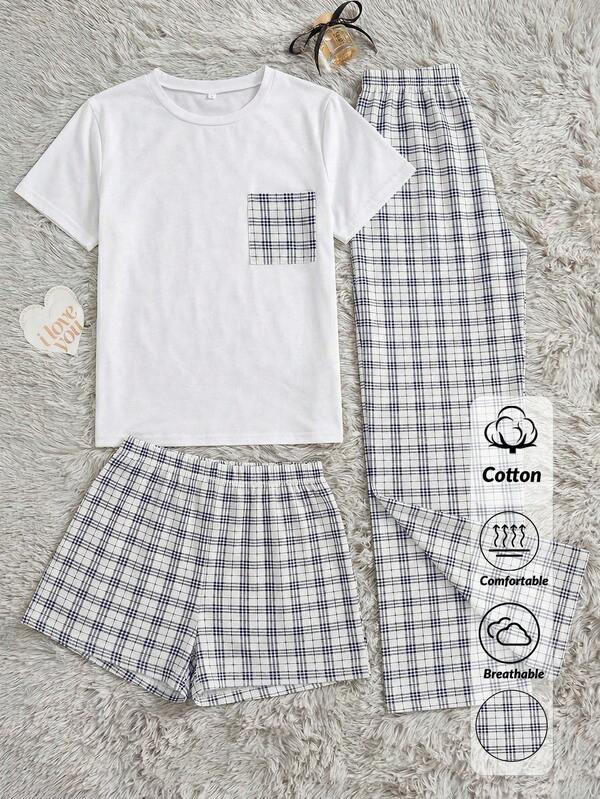 SHEIN Set de pijamale casual confortabil pentru femei, din bumbac, 3 bucăți, alb, cu guler rotund și buzunare în carouri, cămașă cu mânecă scurtă, pantaloni scurți și pantaloni lungi, pentru casă