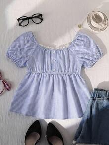 SHEIN قطعة واحدة، ملابس علوية فتاة بطراز حلو وعتيق: تشطيب باللؤلؤ + نقاط بيضاء، أكمام قصيرة منتفخة وياقة مربعة وخصر مجمع، قماش رقيق غير كثيف، ملابس علوية فضفاضة ناعمة، للمواعيد والخروجات اليومية، للربيع والصيف - الأزرق - مشاهدة 5