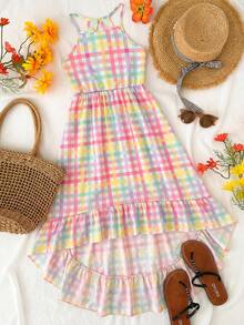 Girls' Colorful Plaid Sleeveless Halter Dress - Multicolor - View 2