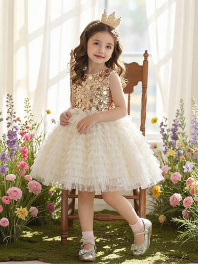 Glamorique Kids Girls' Glittering Decorative Dress With Net Fabric, Children's Cake-Style Dress, Elegant And High-End Baby Evening Dress, Birthday Outfit, Urban Grand Event Children's Dress, Children's Dress With Sequin Patchwork, Children's Clothing For City Events Cocktail Dress For Kids Kids Party Dress Young Girl Dresses Champagne Dress For Kids Gold Dresses For Kids