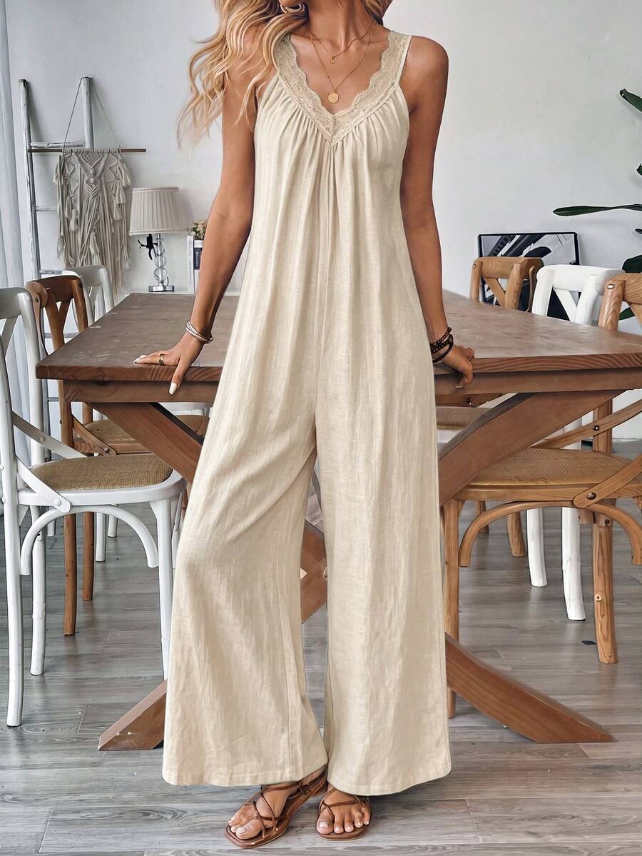 Breezaya Women's Sleeveless V-Neck Floral Trim Jumpsuit - Apricot - View 1