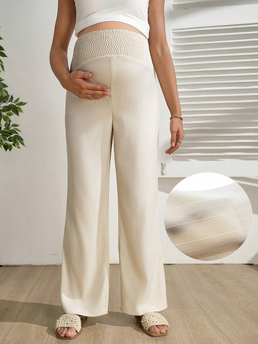 SHEIN Pantaloni a vita bassa a righe, a gamba ampia e lunghezza alla caviglia, con decorazione su doppia vita, per gravidanza - Albicocca - Visualizzare 1
