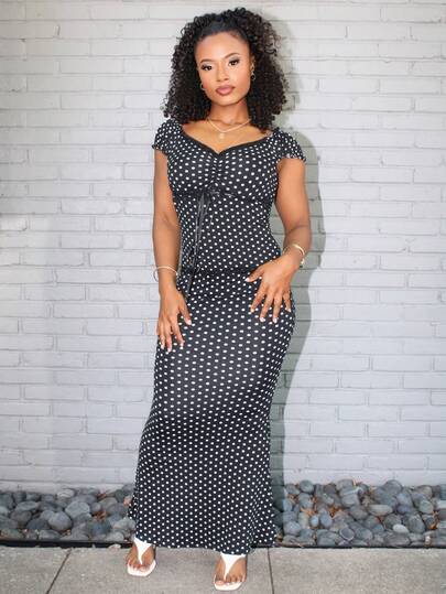 Steph T V 领蝴蝶结装饰拼色波尔卡圆点蕾丝拼接无袖上衣和裙子，迷人百搭夏季两件套女裙