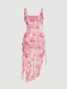 SHEIN MOD Plus Size Women's Pink Floral Summer Elegant Wedding Ninang Dress, Rose Print Corset Rouche Dress For Birthday,Valentine's Day & Events - Multicolor - View 2