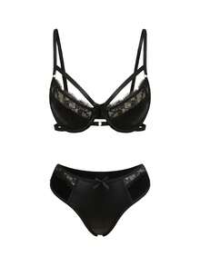 SHEIN 2pcs Lace Patchwork Women's Lingerie Set (With Underwire, Triangle Panty) - Black - View 3