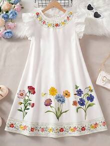 SHEIN 少女仿领短袖印花连衣裙 - 白色 - 查看 2