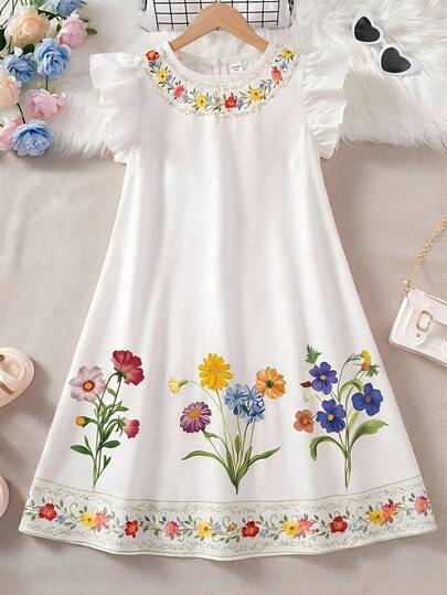 SHEIN Vestido estampado con manga de tapeta falsa para niña preadolescente