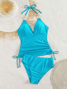 Swim Chiccia Áo tankini nữ màu đen kim loại, cổ chữ V, có dây rút, kiểu dáng thời trang và thanh lịch, thích hợp cho các lễ hội âm nhạc bãi biển, mùa xuân/hè. - Màu xanh lam - Xem 4