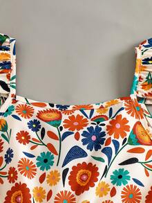 Girls' Tropical Plant Print Romper With Fluttering Sleeves, Bow Back Design And Floral Hem Details, Loose Fit For Carefree Summer Vacation Style - Red - View 6