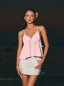 SHEIN Holidaya 夏季女士纯色打结休闲无袖吊带背心 - 粉色 - 查看 3