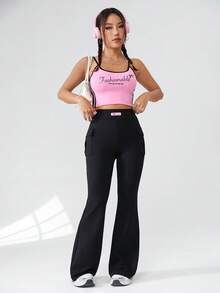 SHEIN EZwear Quần cargo cạp cao màu đen dệt kim dáng ôm thoải mái dành cho nữ - màu đen - Xem 4