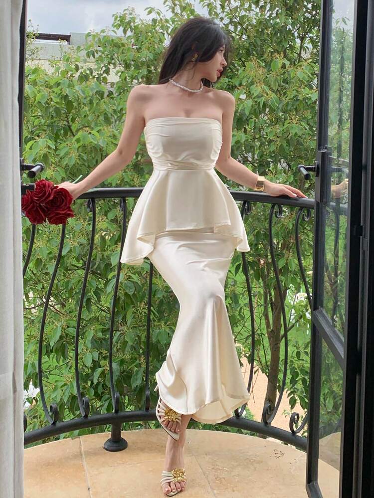 Spring/Summer Elegant Mermaid Hem Two Pieces Set, Suitable For Valentine's Day, Wedding, Party, Formal Occasion, Slim Fit With Ruffle Hem
