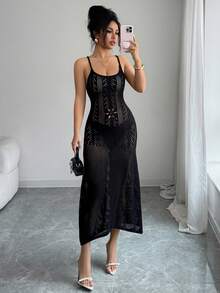 Selianne Đầm dệt kim hở lưng dây mảnh khoét lỗ dành cho nữ - màu đen - Xem 7