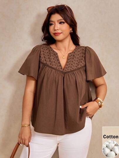 Elaquor Plus Size Women V-Neck Ruffle Short Sleeve Top Blouse For Women Casual Modern Blouse Marrom Latest Tops For Women New Arrivals Business Casual Women Tops Tops For Ladies Casual Modern Blouse Women Blouses For Women Casual